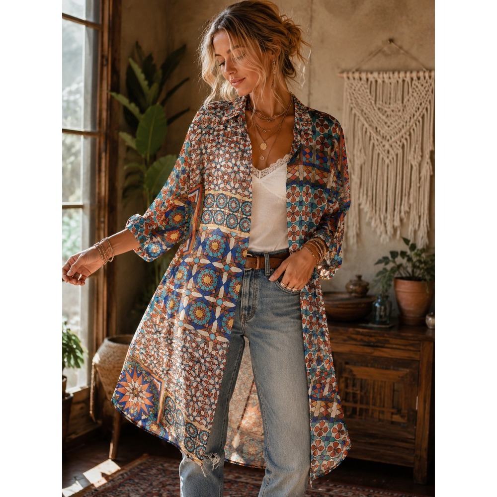 Multiples Womens Geometric Mosaic Print Roll Tab Sleeve Button Front Tunic Small